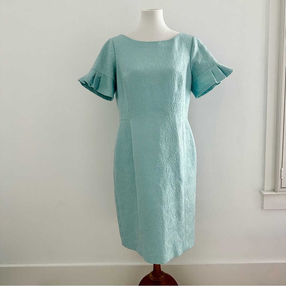 Talbots Blue Jacquard Brocade Midi Dress with Ruffle Sleeves Size 12